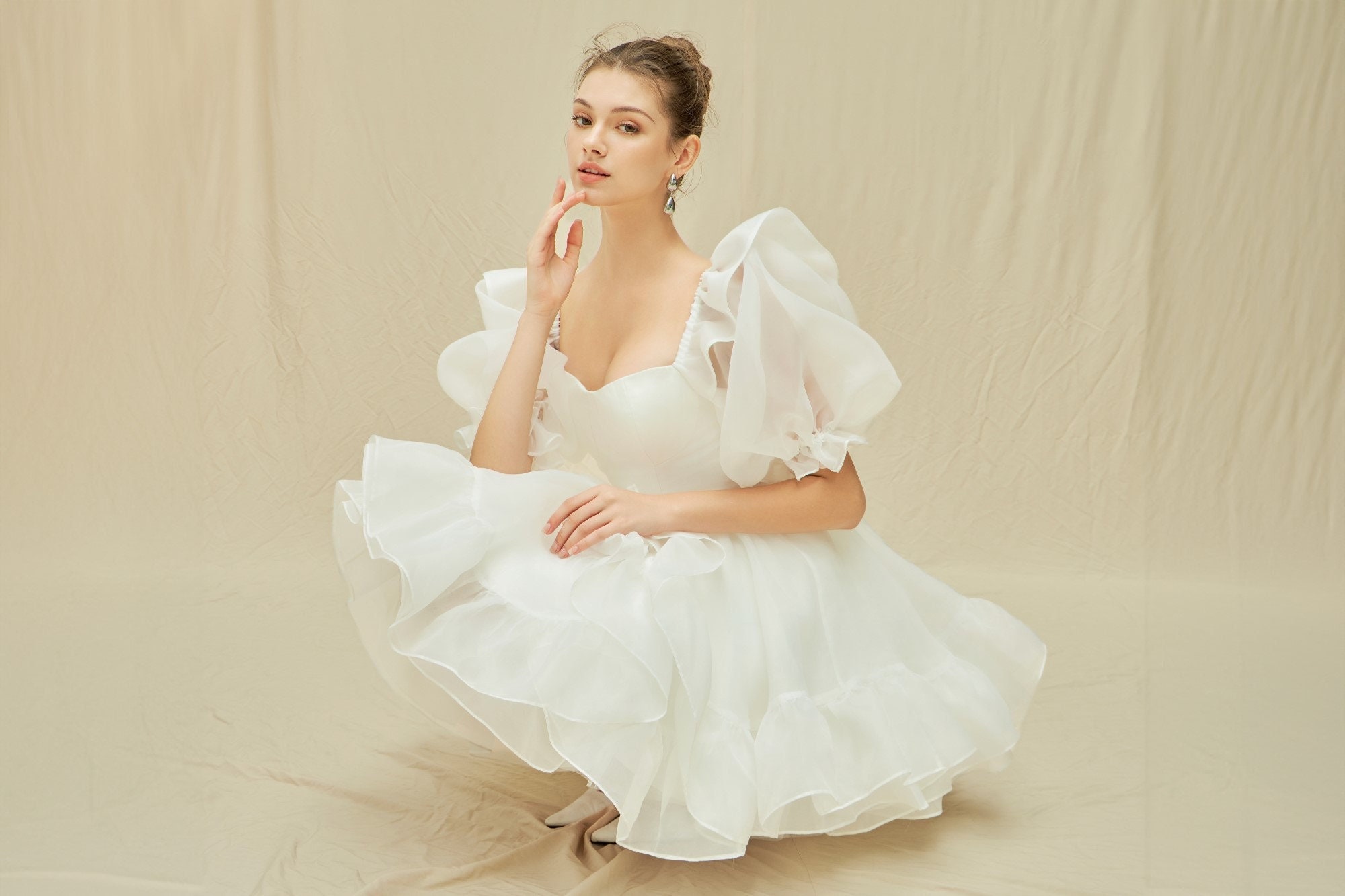 open lace back dress Bon Bon Tiered Organza Mini Dress White main image 0