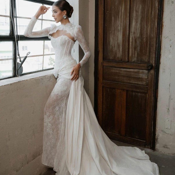 Strapless Lace Corset Wedding Gown with Draped Waist Detail – Elegant Fitted Bridal Dress - Modern Wedding Gown RS123