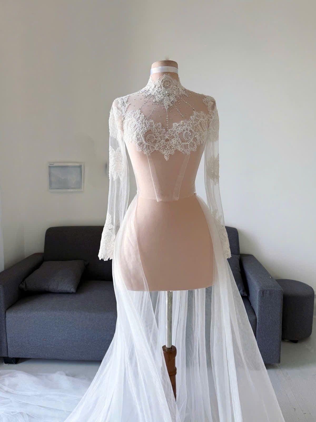 Elegant High Neck Lace Wedding Dress - Long Sleeve Illusion Train ...