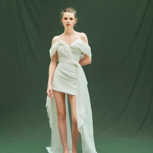 strapless open back dress Ruched Skater Off-Shoulder Draped Satin Mini Wedding Dress MSW076 main image 0
