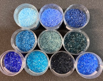 Blue 10 Color Sampler of Bullseye Frit in Labeled Jars -----> Fast Flat Rate Shipping          Opal and Transparent colors