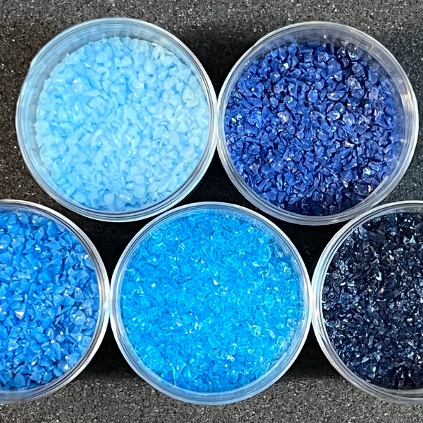 Blue 5 Color Sampler of Bullseye Frit in Labeled Jars -----> Fast Flat Rate Shipping          Opal and Transparent colors