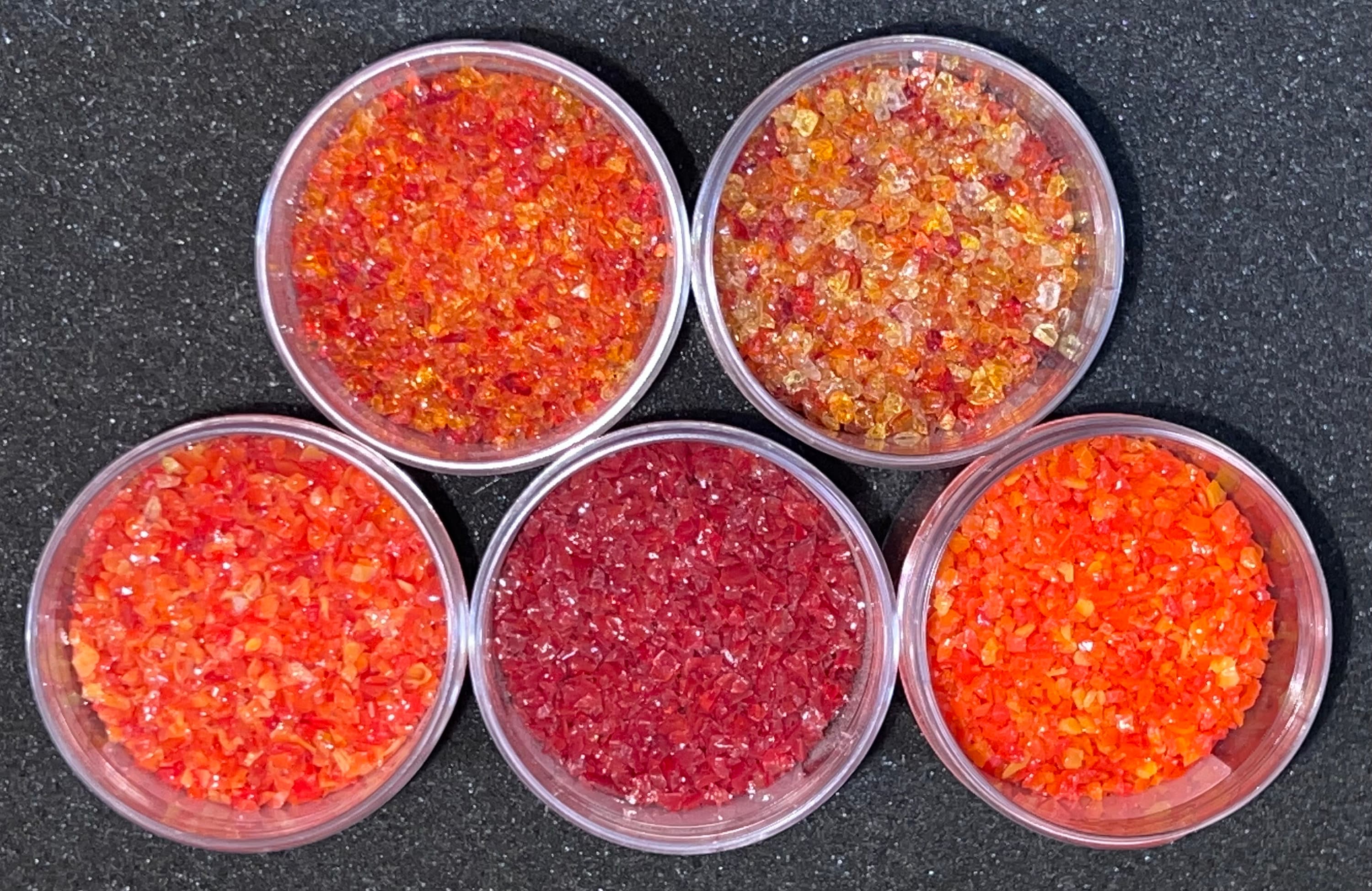 Red 5 Color Sampler of Bullseye Frit in Labeled Jars -----> Fast Flat Rate Shipping          Opal and Transparent colors