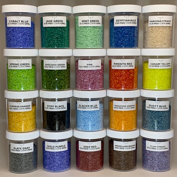 20 Color Opal Bullseye Frit Library. Rainbow Collection in Labeled Jars —->Fast Flat Rate Shipping