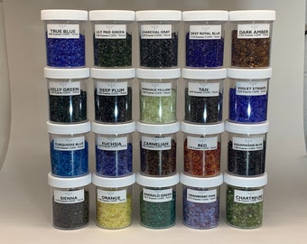 20 Color Transparent Bullseye Frit Library. Rainbow Collection in Labeled Jars —-&gt;Fast Flat Rate Shipping