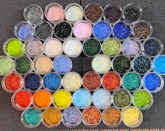 Expert 50 Color Bullseye Frit Library. Opal and Transparent Rainbow Collection in Labeled Jars —-&gt;Fast Flat Rate Shipping