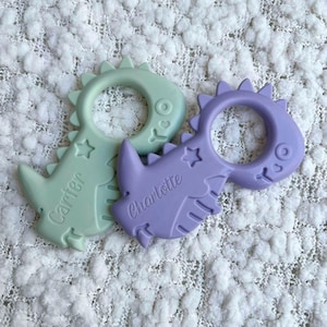 May include: Two dinosaur-shaped baby teethers in pastel colours. One is light green with the name "Carter" and a star, the other is purple with the name "Charlotte" and a star. Both have a ring for easy gripping.