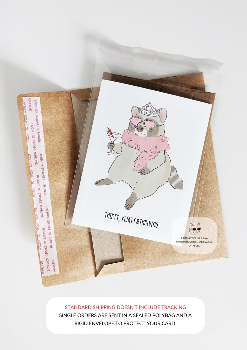 30th Birthday Card, Thirty Flirty and Thriving Birthday Card, Raccoon, Trash Panda Funny Greeting Card for Friends, Sisters, Bestfriend image 4