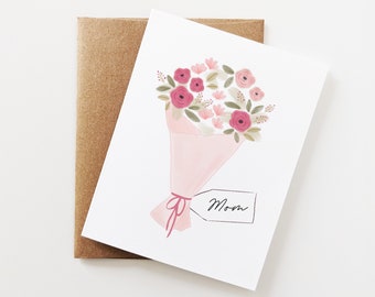 Mother's Day Flower Bouquet Card, Pretty watercolor flowers card, Minimalist Mother's Day card, rose card for grandmother, mom, new mom