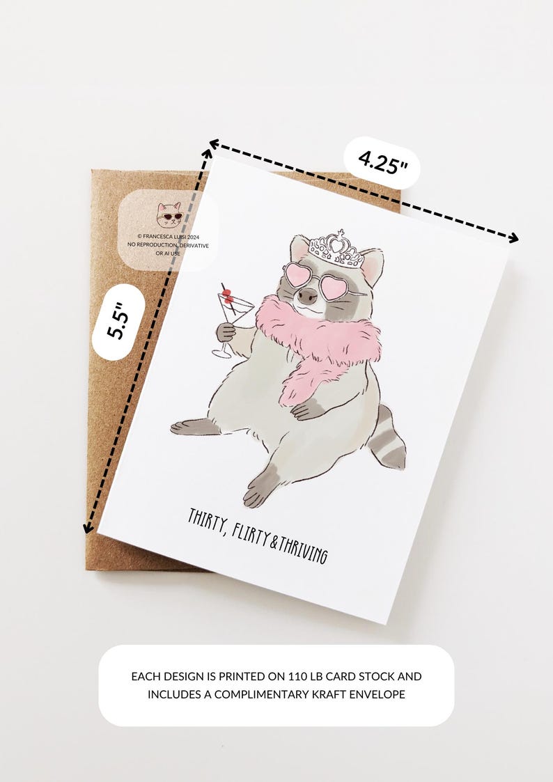 30th Birthday Card, Thirty Flirty and Thriving Birthday Card, Raccoon, Trash Panda Funny Greeting Card for Friends, Sisters, Bestfriend image 3