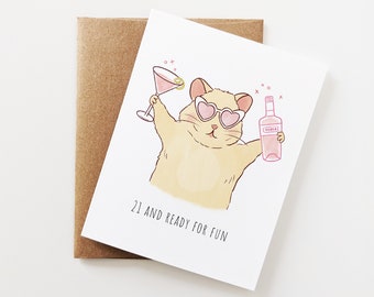 21st Birthday Card, Happy Twenty First Birthday Card , Cute hamster alcohol card , 21st Birthday gift for her, Friend, Girlfriend, Daughter