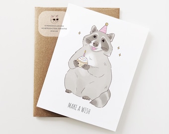 Cute Raccoon Birthday Card, Funny Trash Panda, Raccoon Lover, Make a wish, Cupcake, Raccoon Gift for Her, Him, Friends, Family, Best friend
