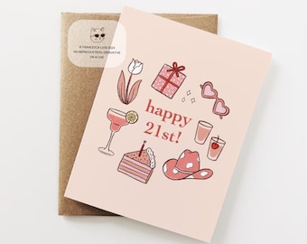 21st Birthday Card, Happy Twenty First Birthday, Cute Pink Birthday Card, 21st Birthday gift for her, Friend, Girlfriend, Daughter BD20