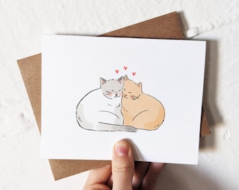 Cats Cuddling, Anniversary card, Valentines Day card, Cat Love, Custom Cute Cat Card, Sleepy Cat,  for boyfriend, girlfriend, best friend
