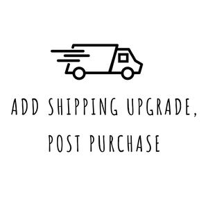 May include: Black and white line drawing of a delivery truck with the text "ADD SHIPPING UPGRADE, POST PURCHASE".