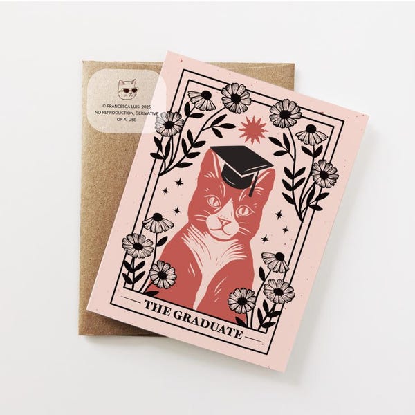 The Graduate, Tarot Greeting Card, Lino Print, Cat Lover Card, Graduation Gift, Grad Card For Friend, Best Friend, Her GD05