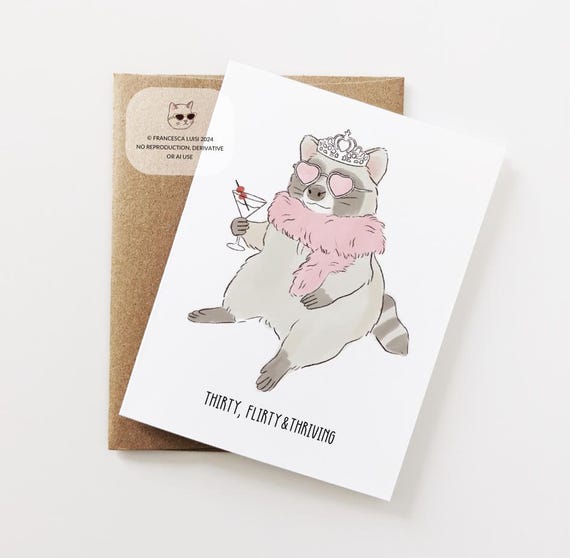30th Birthday Card, Thirty Flirty and Thriving Birthday Card, Raccoon, Trash Panda Funny Greeting Card for Friends, Sisters, Bestfriend