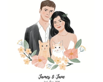 Digital Cute custom couple portraits including pets! Illustrated Wedding Portrait, Cartoon Style Couple, Personalized Gift, Anniversary Gift