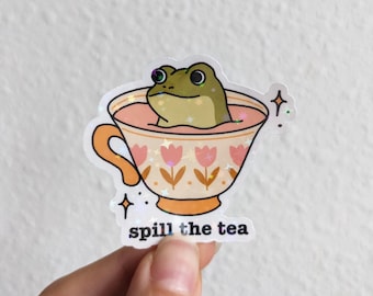 Frog Teacup Sticker, Spill the Tea, Funny Frog Meme Sticker, Cute Cottagecore Water Bottle Decal, Laptop Sticker, Phone Case, Frog Lover