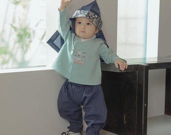 Tini Cheongo Traditional Korean Everyday Wear Blue Daily Cotton Hanbok voor jongens