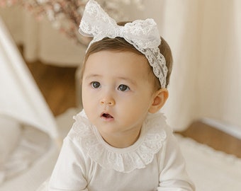 White Lace Bow Headband Baby Toddler Cream White Turban