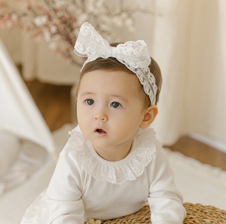 White Lace Bow Headband Baby Toddler Cream White Turban image 1