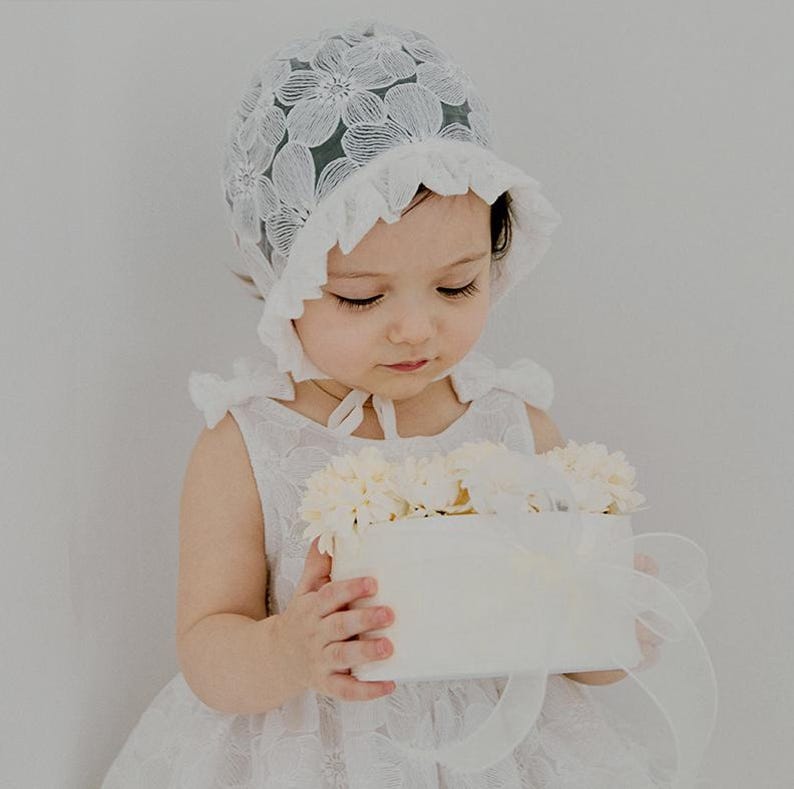Baby White Lace Bonnet  Rose Embroidery