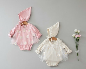 Pink White Floral Mesh Bodysuit Onesie Dress Cotton Baby Newborn Bonnet Hat Set