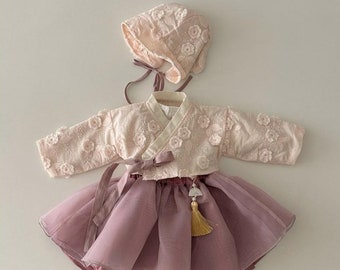 Pink Floral 4-Piece Set w/ Bonnet Dol Dohl 100-day Baekil Cotton Hanbok