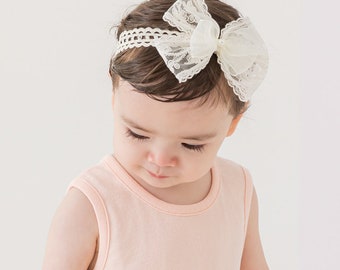 White Lace Bow Headband Baby Toddler Cream White Turban