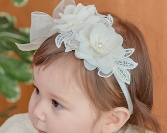 Baby Girl Headband - Flower Crown - White Floral Headband - Newborn Headband - Hair Bows