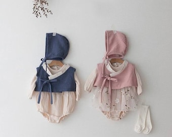 Conjunto Hanbok tradicional coreano Dol Dohl de algodón para uso diario de 100 días para niños y niñas en azul y rosa