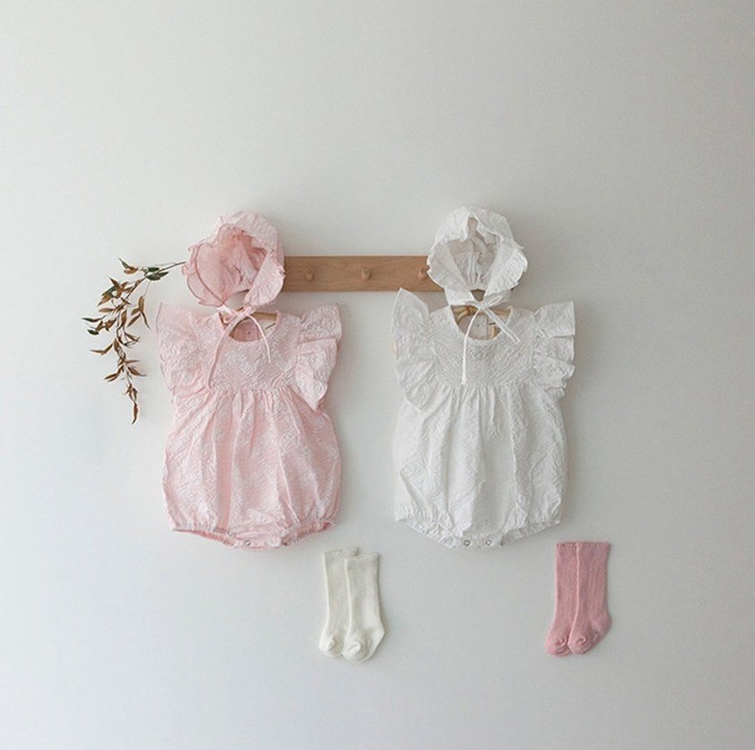 Cotton Floral Embroidery Pink White Newborn Baby Girl Onesie Bodysuit ...