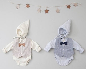 Baby Boy Newborn Infant Suit Onesie Bodysuit Romper Bowtie 3-Piece Set With Bonnet Hat
