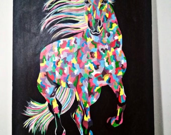 Peinture cheval coloré,acrylique sur toile,grande peinture de cheval
