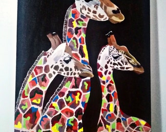 tableau des girafes colorés acrylique sur toile