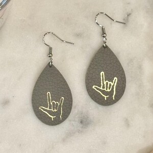 Teardrop Leather Earrings Foil Design – Perfect for Anniversary, Christmas, Birthday, Valentine’s Gifts - I Love You ASL