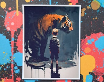 Boy and Tiger Inspired by Calvin and Hobbes 4" x 3" Sticker