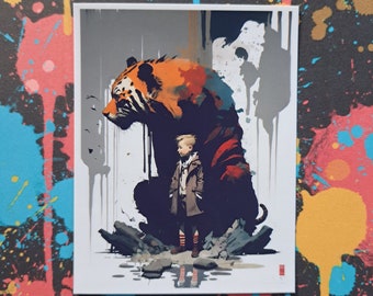Boy and Tiger Inspired by Calvin and Hobbes 4" x 3" Sticker