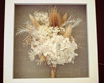 Framed Dried Flowers on gray burlap, neutral colors, wall/shelf/table decor, detachable bouquet, dried and preserved flowers, framed posy