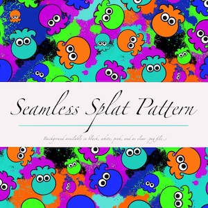 Peut inclure: Motif sans couture avec des créatures ressemblant à des pieuvres de couleur orange, violet, vert et bleu sur un fond éclaboussé. Le texte "Seamless Splat Pattern" est affiché. Disponible en noir, blanc, rose et transparent.