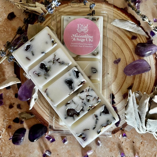Lavender + Sage Crystal Infused Wax Melt | Snap Bar | Soy Vegan friendly | Long Lasting | Recycled Plastic