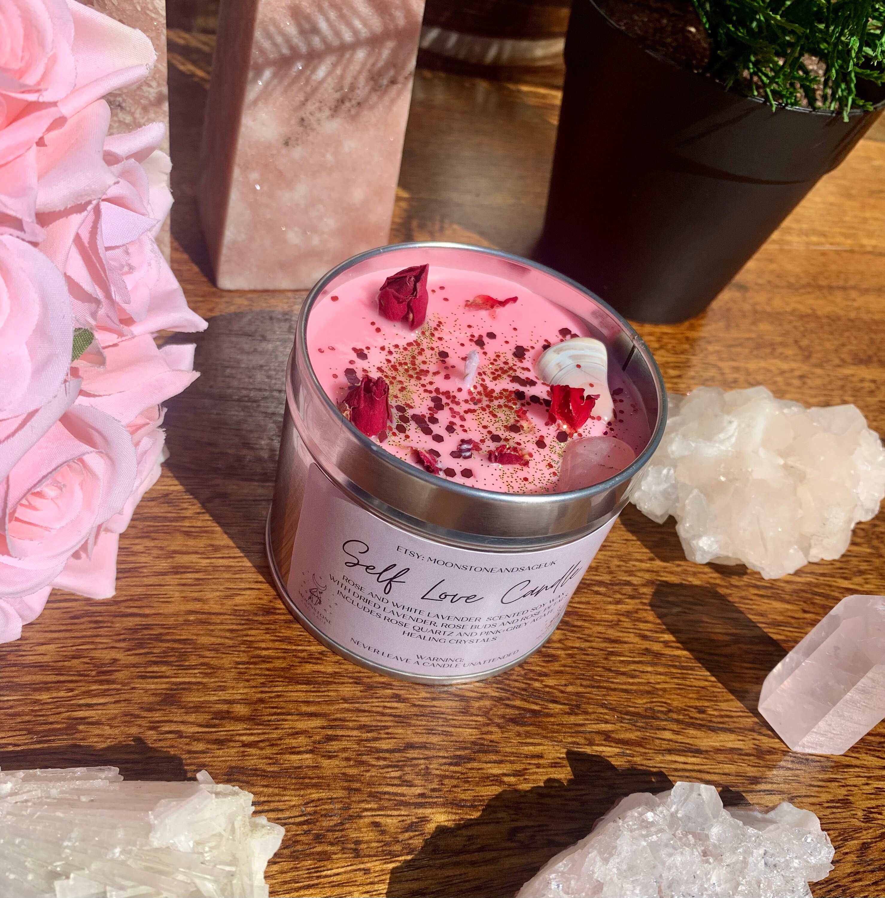 SELF LOVE Crystal Candle with Rose Quartz Pink Grey Agate. Etsy