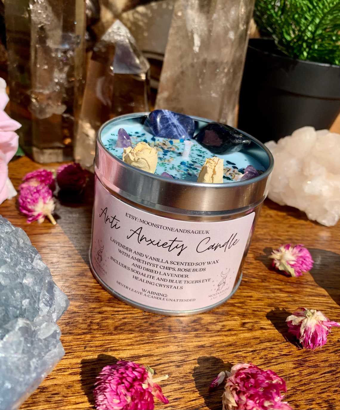 ANTI ANXIETY Crystal Candle with Sodalite and Blue Tigers Eye. Etsy