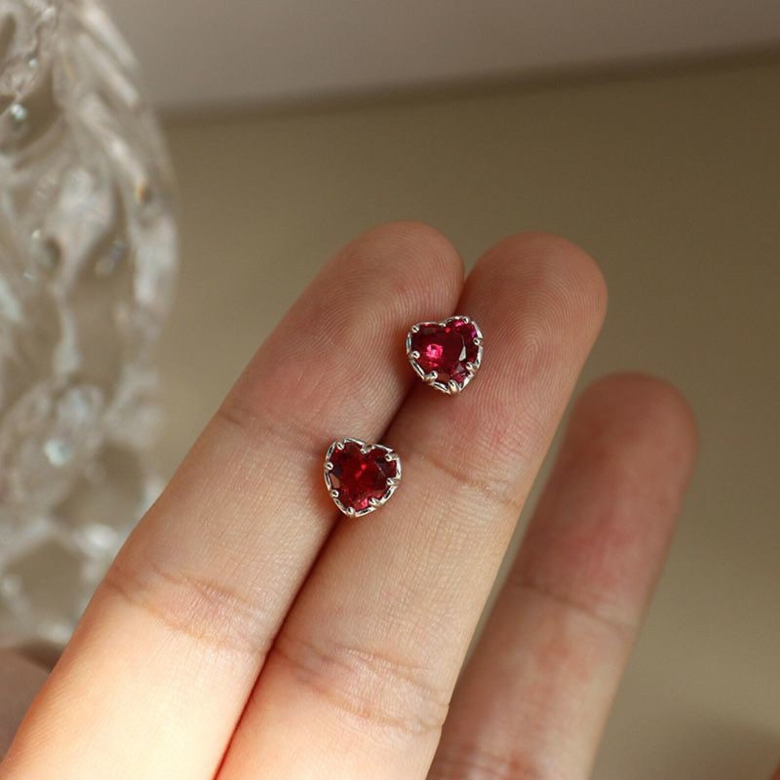 Ruby Heart Stud Earrings Heart Earrings Ruby Earrings Etsy