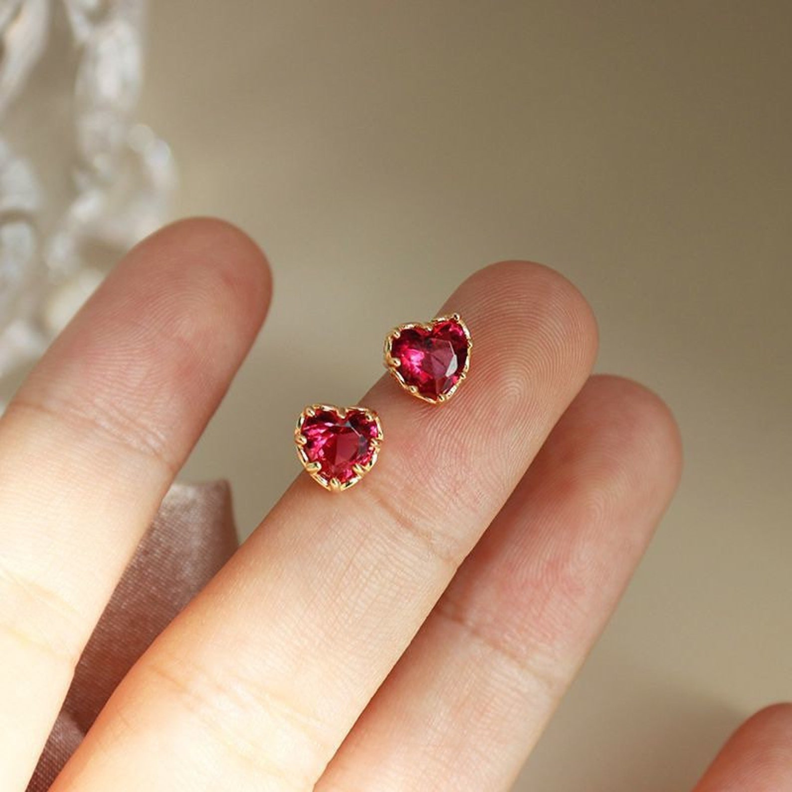Ruby Heart Stud Earrings Heart Earrings Ruby Earrings Etsy