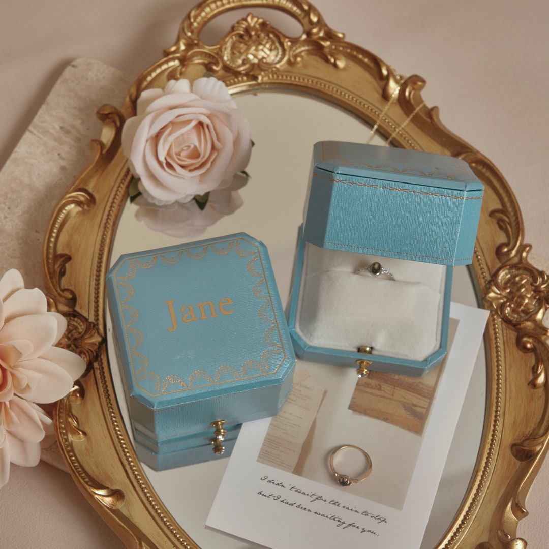 Personalized Vintage Sky Blue Ring Box Custom Vintage Ring Large Box