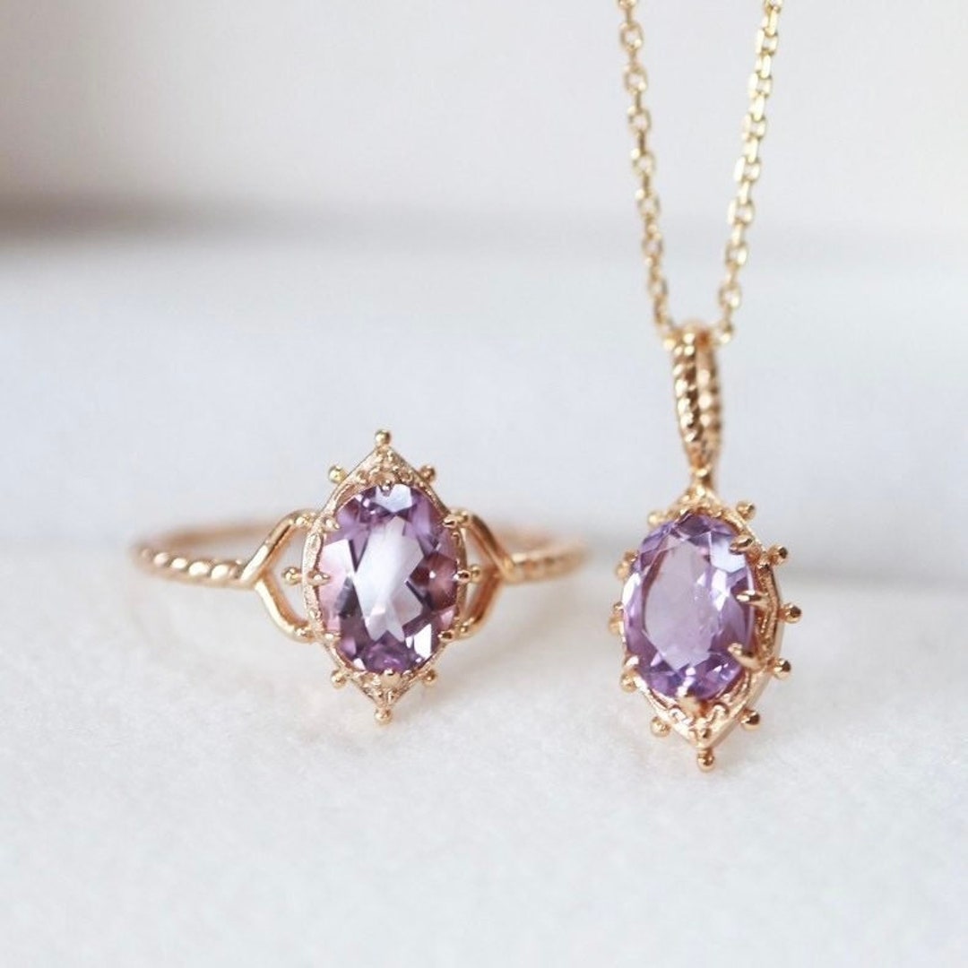 Vintage Amethyst Jewelry Set Delicate 14K Gold Ring Necklace Etsy