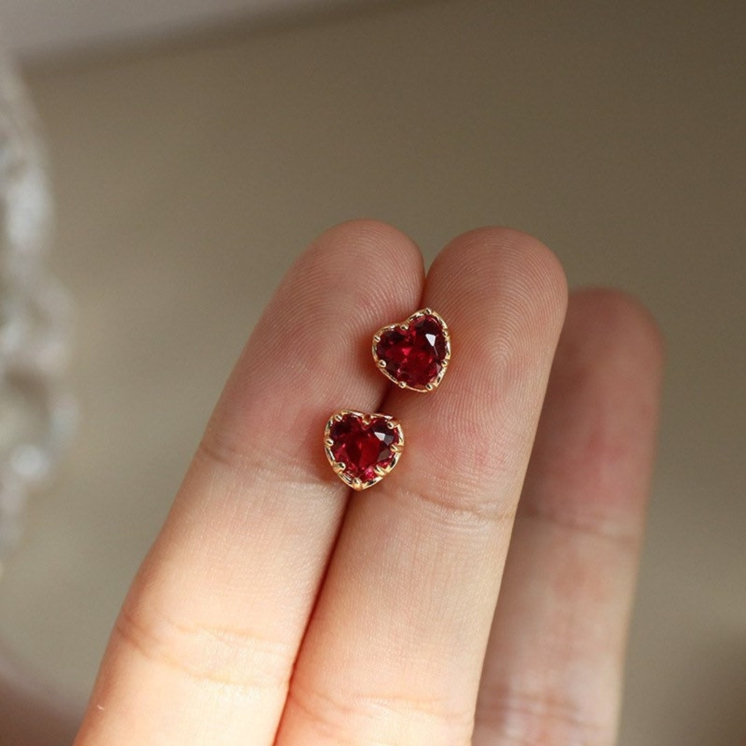 Ruby Heart Stud Earrings Heart Earrings Ruby Earrings Etsy