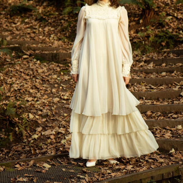 Vintage 1970s, John Charles Dress, Size 8/10 (Vtg 12), High Neck Prairie, Vintage Wedding Dresses, Bohemian Wedding, 70s Maxi, Woodland Boho